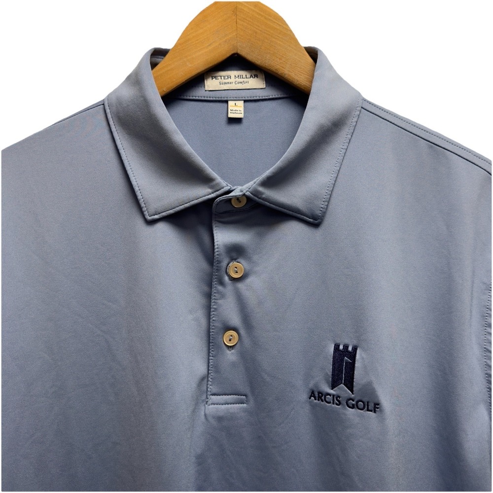 Peter Millar Summer Comfort‎ Mens Sz Large Blue Arcis Logo Stretch Golf Polo euc